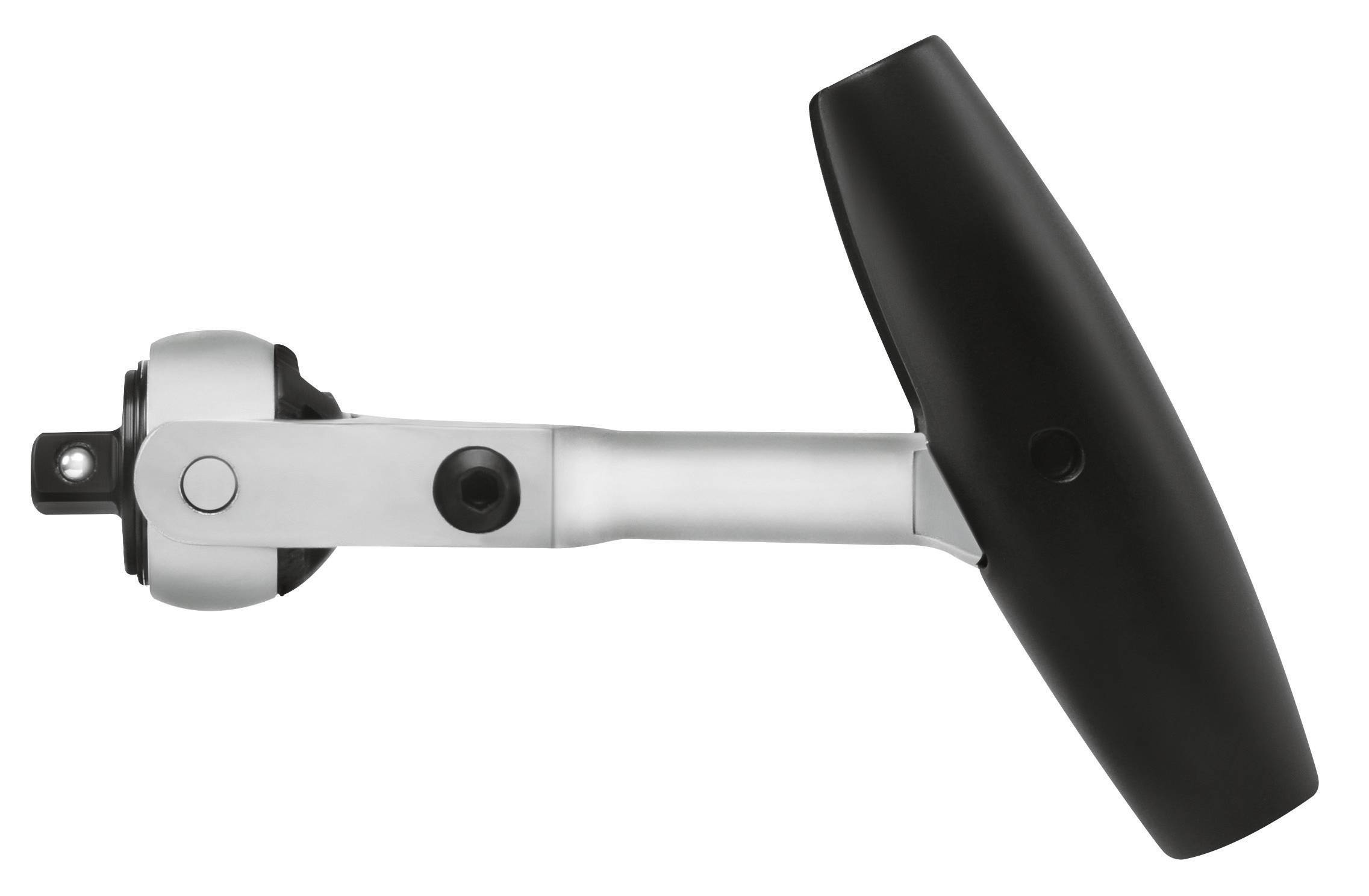 Czarny, T-kształtny klucz dynamometryczny z srebrnym uchwytem, przeznaczony do precyzyjnego dokręcania śrub lub śrub mocujących.