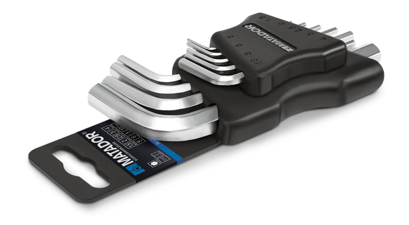 Zestaw kluczy imbusowych w różnych rozmiarach z czarnym uchwytem i etykietą poniżej.