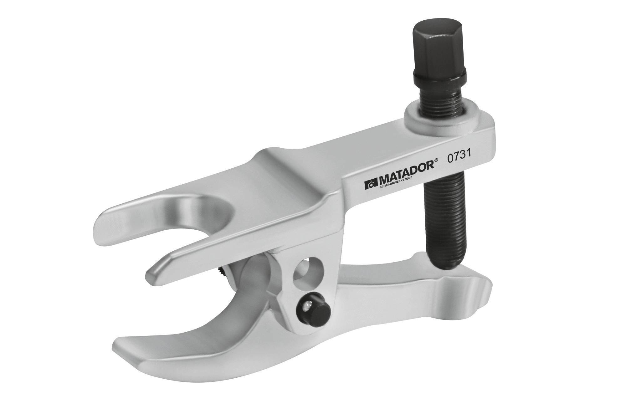 Srebrny ściągacz przegubów od Matadora, model 0731, wyposażony w dwie szczęki chwytowe oraz centralną śrubę do demontażu przegubów kulistych.