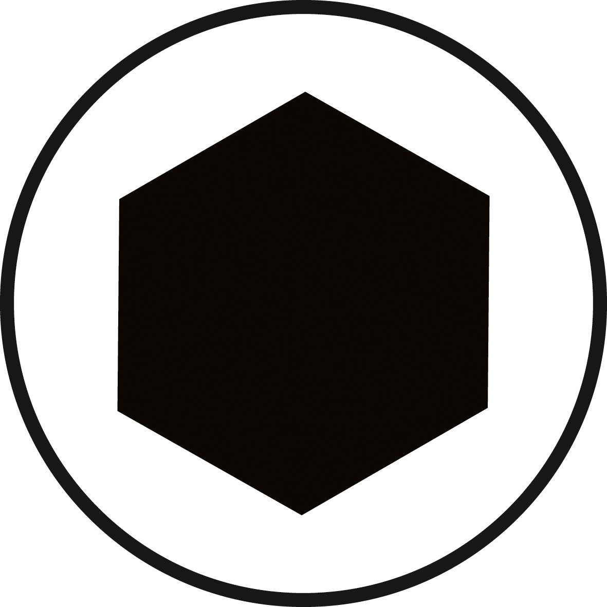 Sześciokątny czarny symbol wewnątrz koła na białym tle.