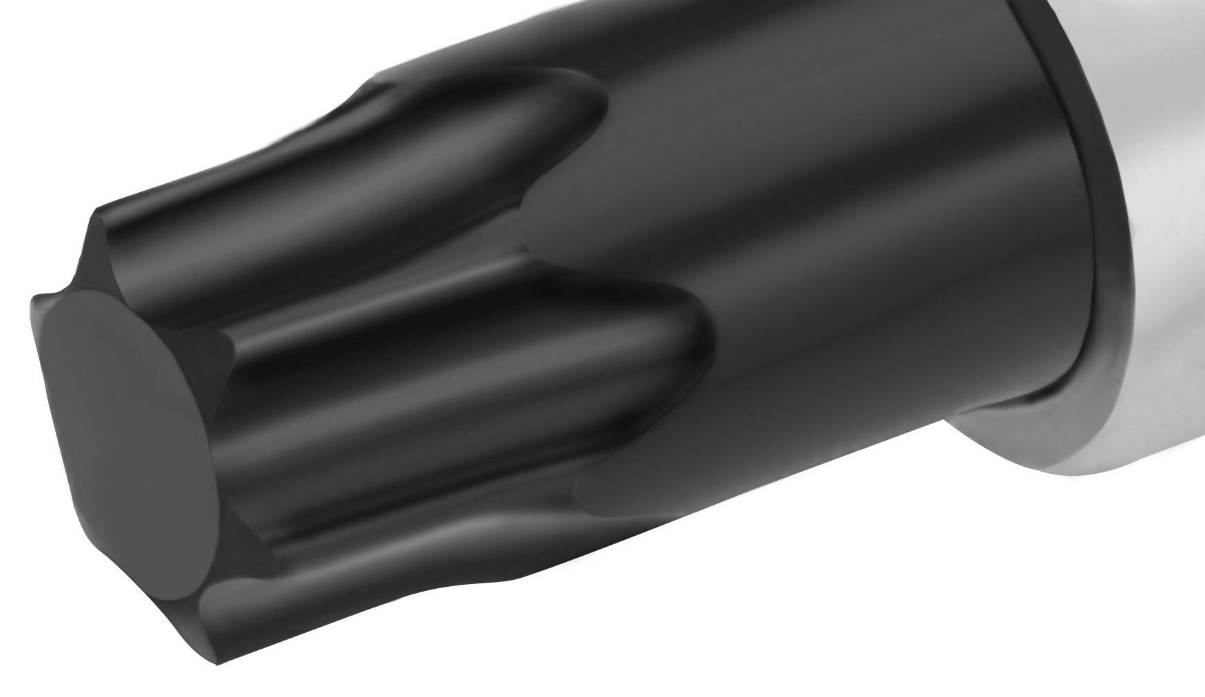 Wiertło z czarnym, sześciokątnym czubkiem i srebrnym uchwytem, sfotografowane z bliska.