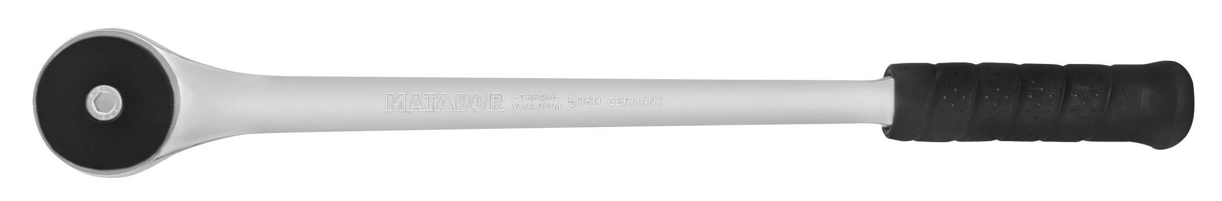 Długi, srebrny klucz dynamometryczny z czarną rękojeścią. Odpowiedni do precyzyjnego dokręcania momentem obrotowym w zastosowaniach mechanicznych.