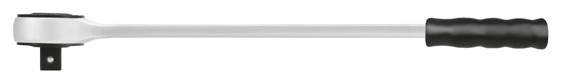 Grzechotka z długą, czarną rękojeścią i kwadratowym gniazdem do końcówek klucza nasadowego, widok z boku.