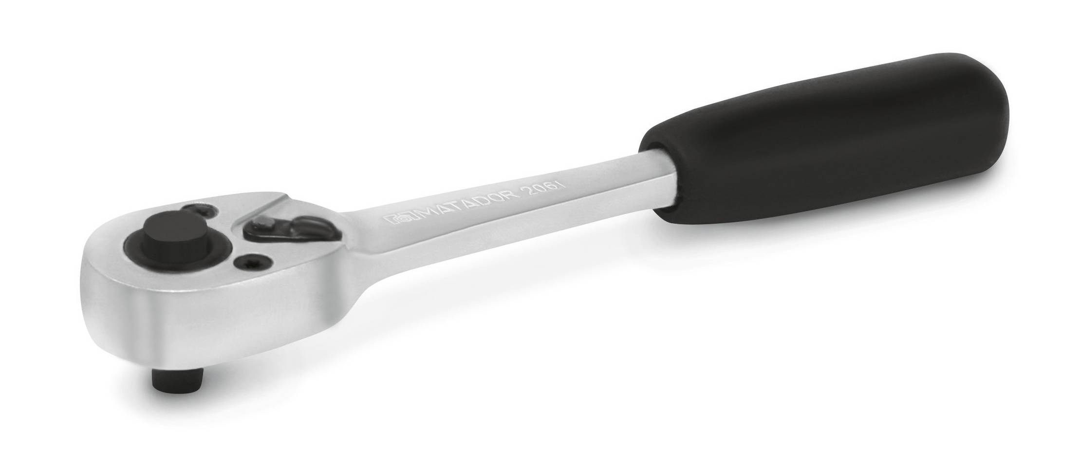 Srebrny grzechotka z czarną rączką na białym tle.