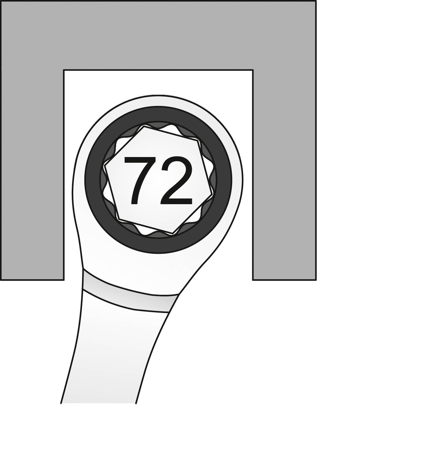 Klucz do nakrętek przesuwa nakrętkę sześciokątną z napisem '72' spod szarego kątownika.