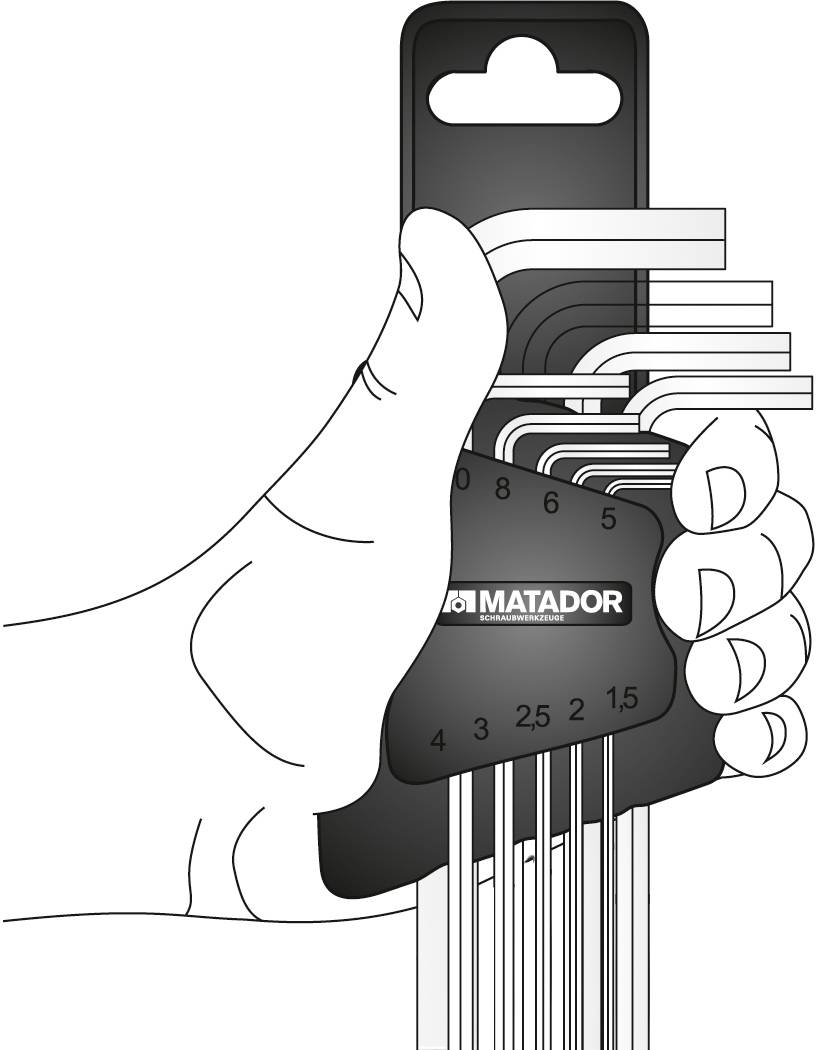 Jedna ręka trzyma zestaw kluczy imbusowych firmy Matador, ułożonych według wielkości w oznaczonym uchwycie.