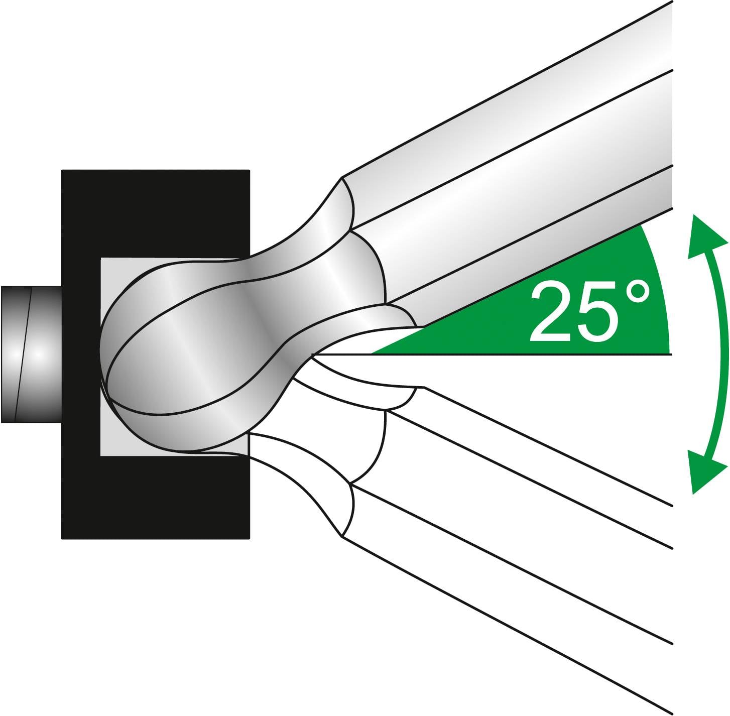 Ilustracja kąta 25 stopni między narzędziem metalowym a powierzchnią, pokazująca nachylenie.