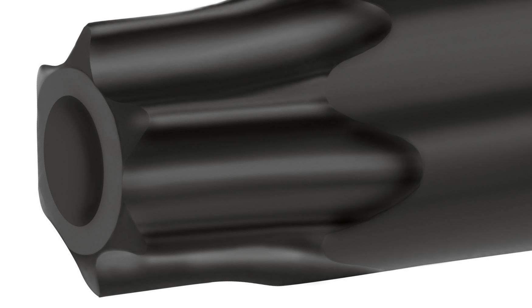 Zbliżenie czarnej części wykonanej ze stali nierdzewnej z okrągłymi wcięciami, ukazujące szczegół struktury powierzchni.