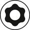 Symbol koła zębatego, czarne na białym tle, przedstawiające stylizowane koło zębate symbolizujące ustawienia lub mechanikę.