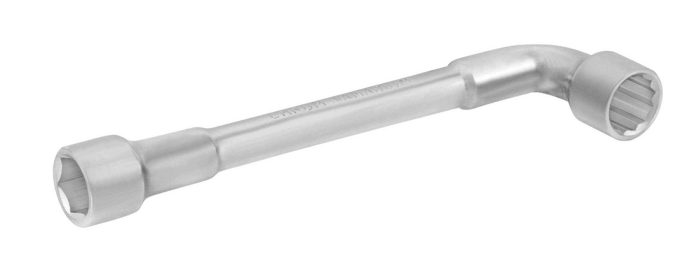 Srebrny klucz imbusowy z dwoma sześciokątnymi końcówkami.