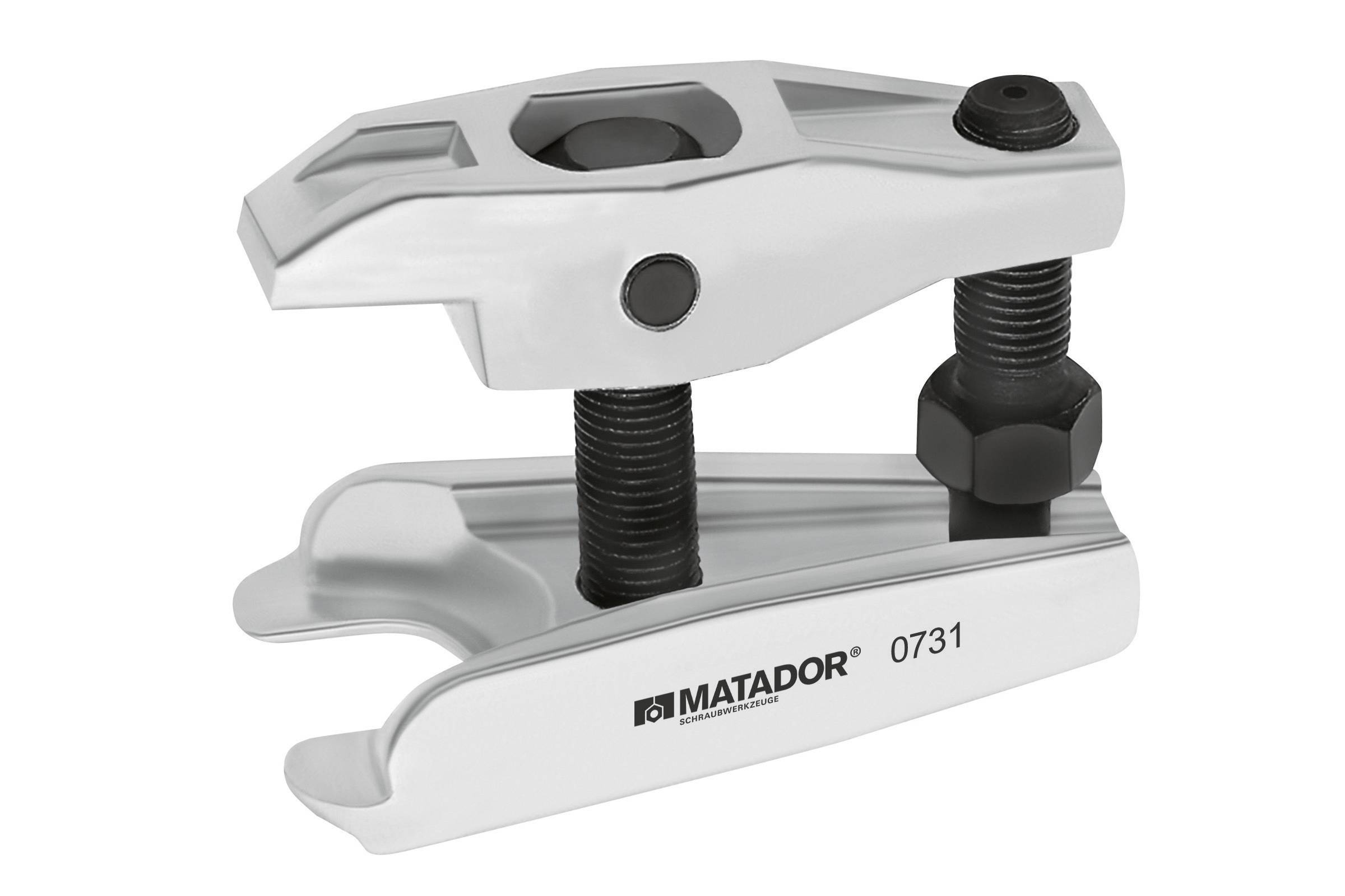 Srebrny ściągacz przegubów kulistych z czarną śrubą, przeznaczony do demontażu przegubów w pojazdach. Oznaczony napisem 'Matador 0731'.