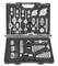 Zestaw narzędzi do gwintowania: Różne gwintowniki, narzynki, uchwyty i akcesoria w czarnym pudełku.