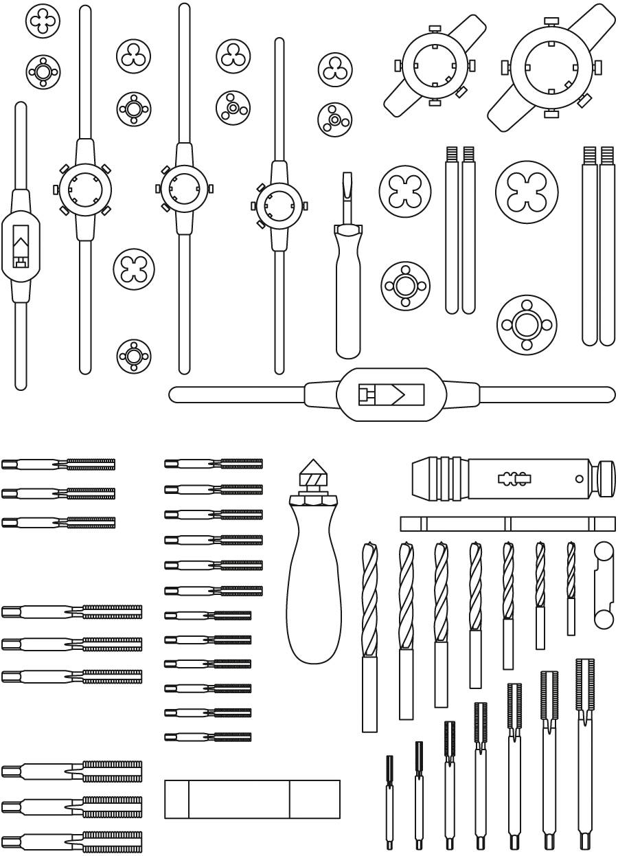 Rysunek techniczny różnych narzędzi, w tym wkrętaków, wierteł i gwintowników, w uporządkowanym układzie.