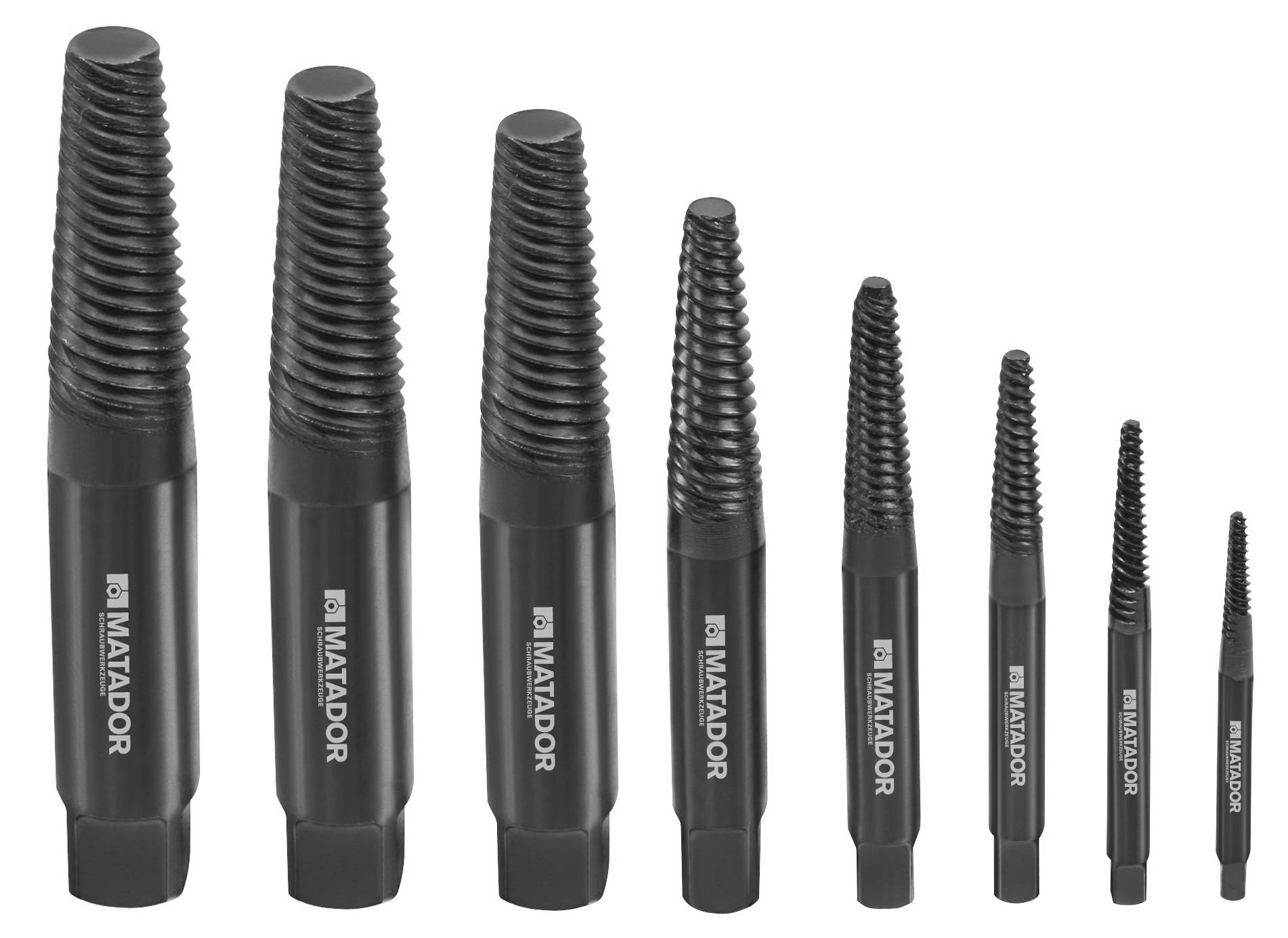 Seria dziewięciu stożkowatych wkrętaków do gwintów w różnych rozmiarach, oznaczonych napisem 'Matador'.