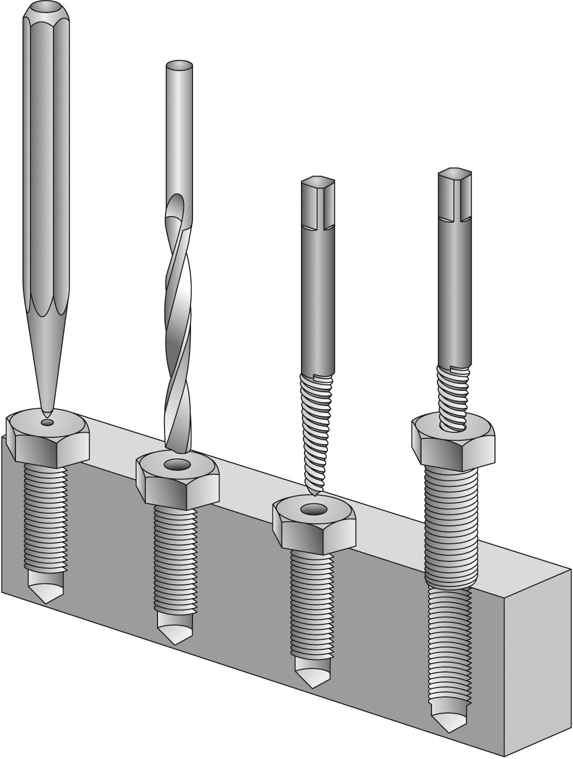 'Prezentacja procesu mocowania śrub: Kołek, wiertło i gwintownik prezentują kolejne etapy gwintowania.'
