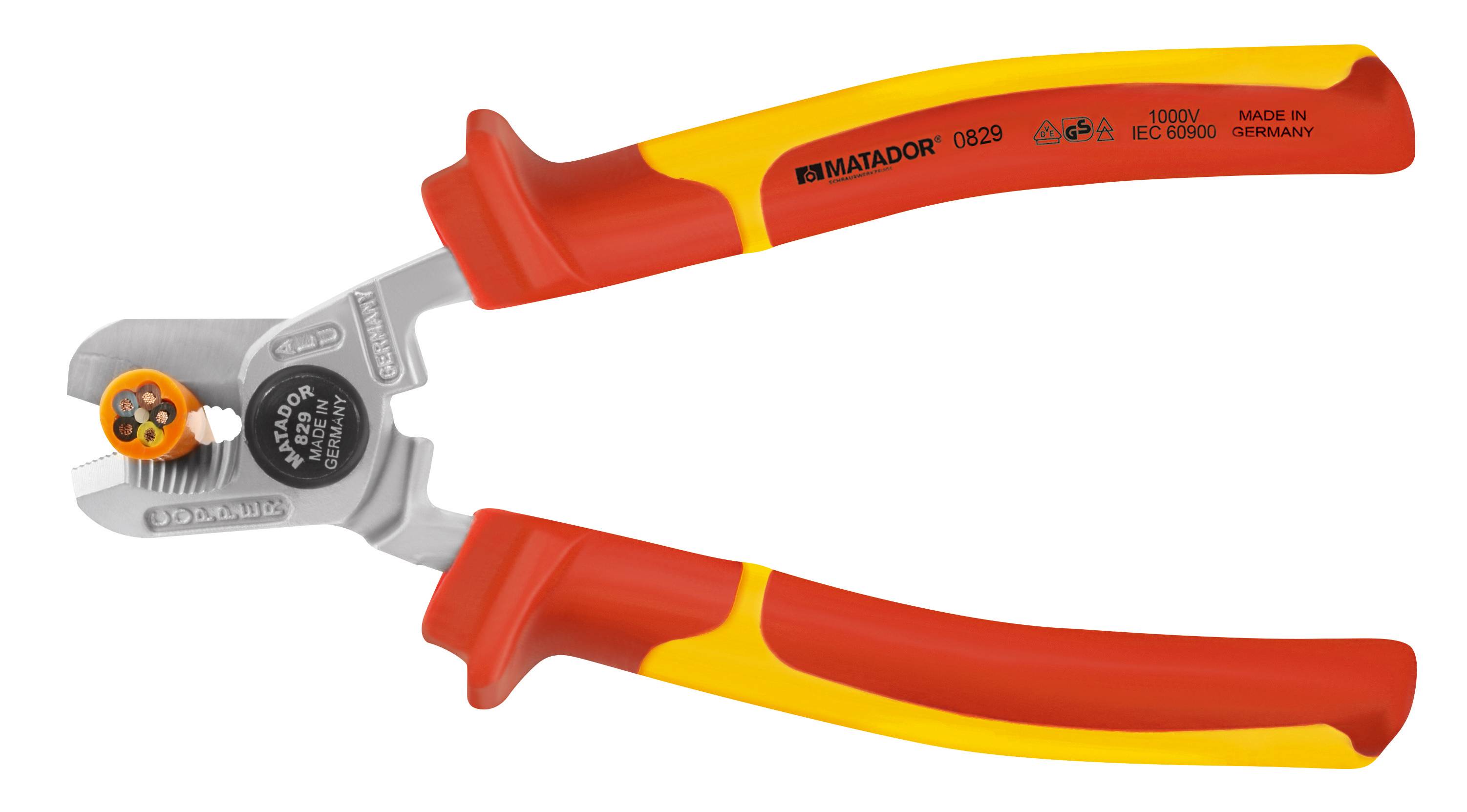 Na zdjęciu przedstawiono izolowany obcinacz do przewodów z czerwonymi i żółtymi uchwytami oraz czarną częścią tnącą, przeznaczony do prac elektrotechnicznych.