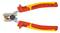 Na zdjęciu przedstawiono izolowany obcinacz do przewodów z czerwonymi i żółtymi uchwytami oraz czarną częścią tnącą, przeznaczony do prac elektrotechnicznych.