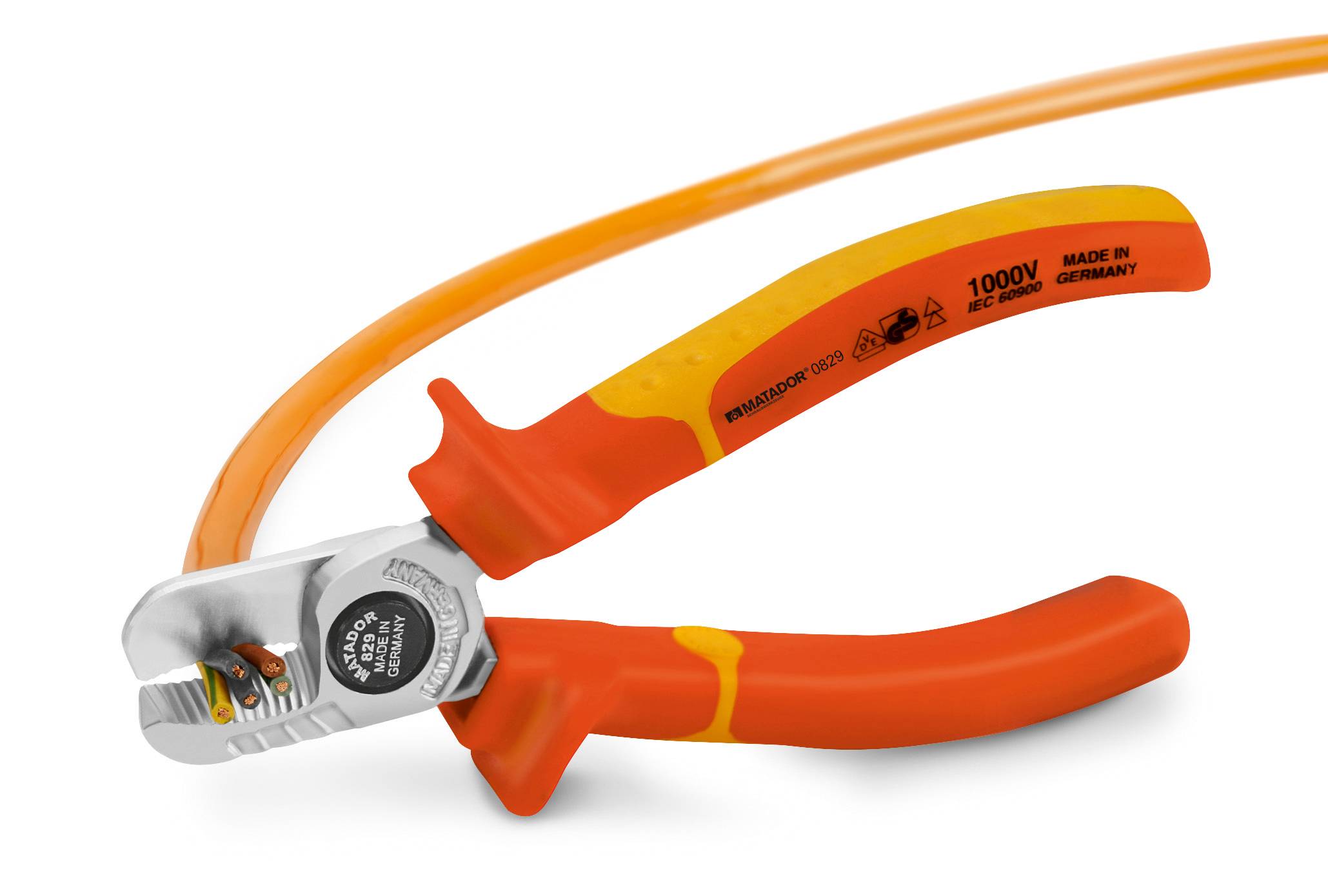 Izolowane cęgi do cięcia kabli z pomarańczową rękojeścią, odpowiednie dla napięcia do 1000V, wykonane w Niemczech. Idealne dla elektryków.