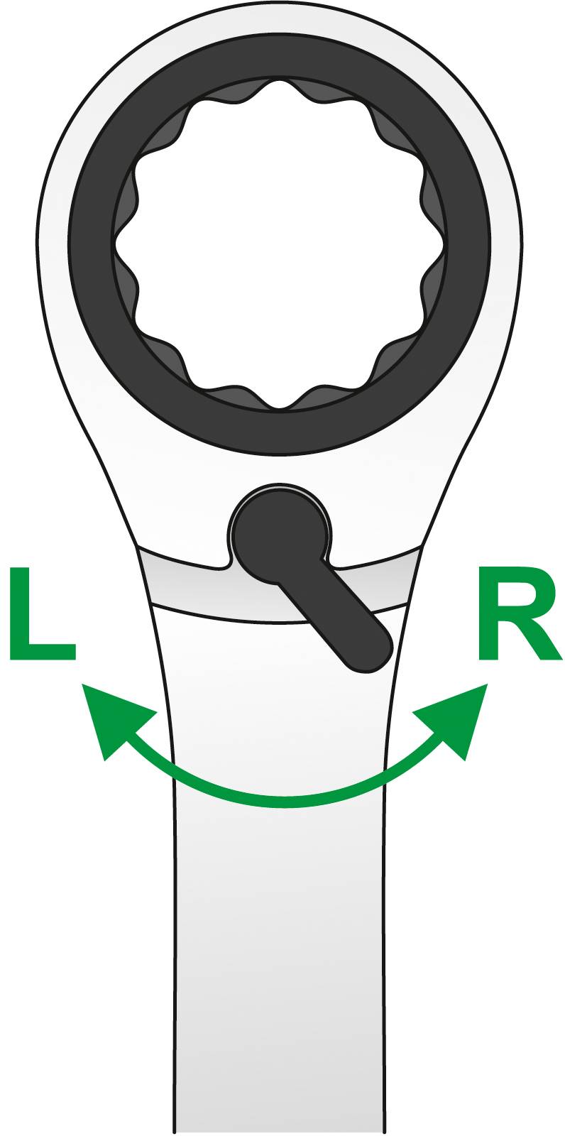 Ilustracja klucza z przełącznikiem. Strzałki wskazują kierunek obrotu klucza w lewo (L) i w prawo (R).