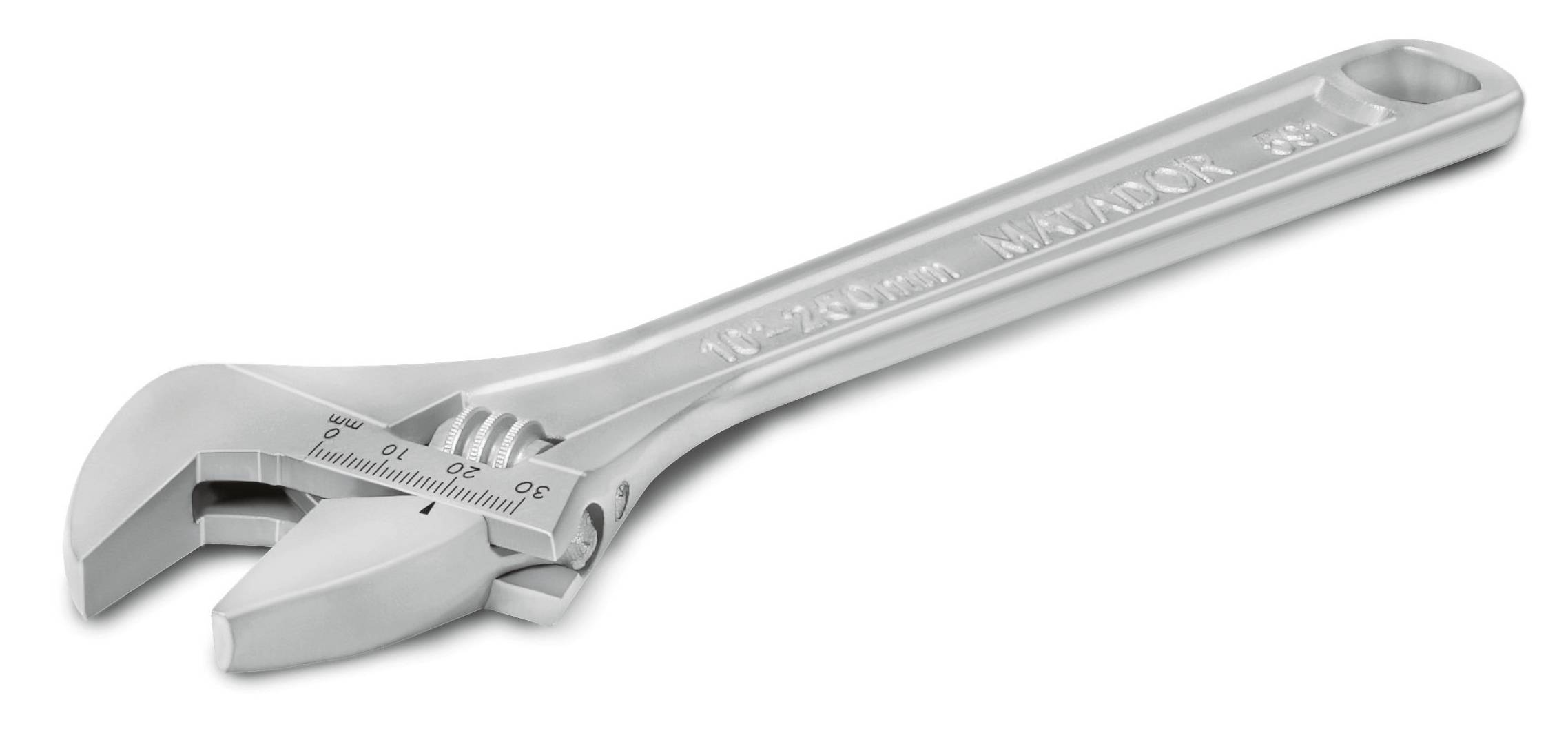 Regulowany klucz nastawny z metalu, leżący na białej powierzchni.