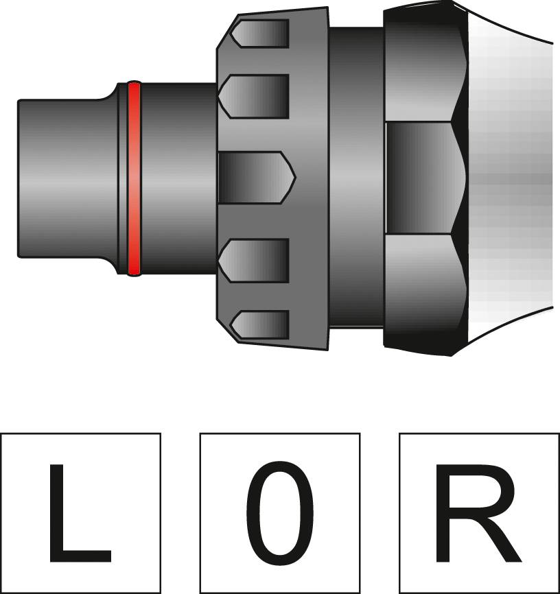 Rysunek techniczny metalowego złącza z czerwonym pierścieniem pośrodku. Poniżej litery 'L', 'O', 'R'.
