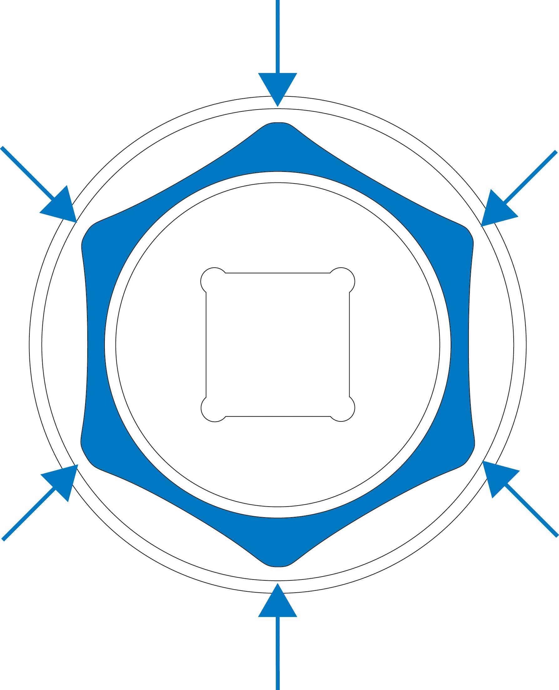 Abstrakcyjna forma geometryczna ze współzależnymi okręgami, wielokątami i strzałkami skierowanymi na zewnątrz, ilustrująca ruch lub przepływ.