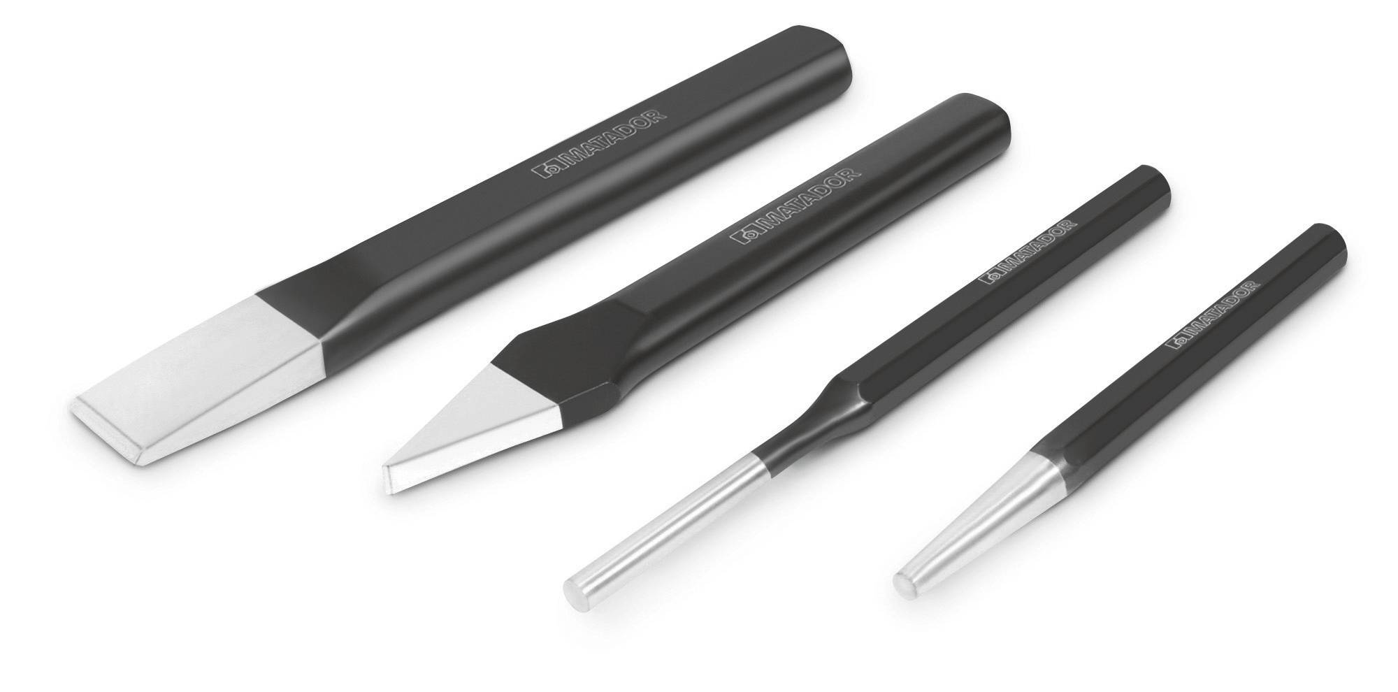 Cztery metalowe dłuta o różnych rozmiarach, ułożone obok siebie na białym tle. Najdłuższe po lewej stronie, najmniejsze po prawej.