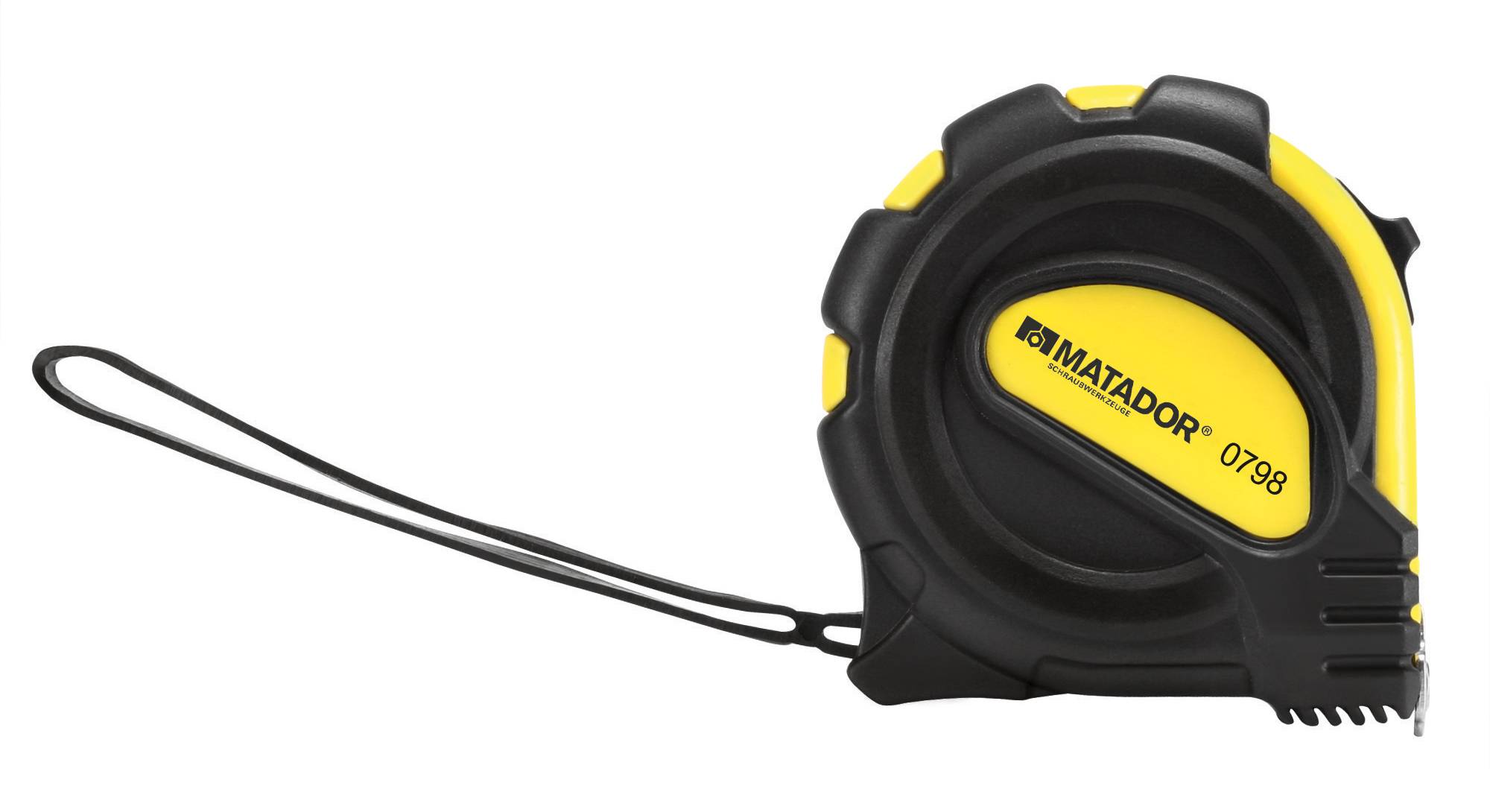 Czarno-żółta miarka marki 'Matador' z pętlą do noszenia, numer modelu 0798.