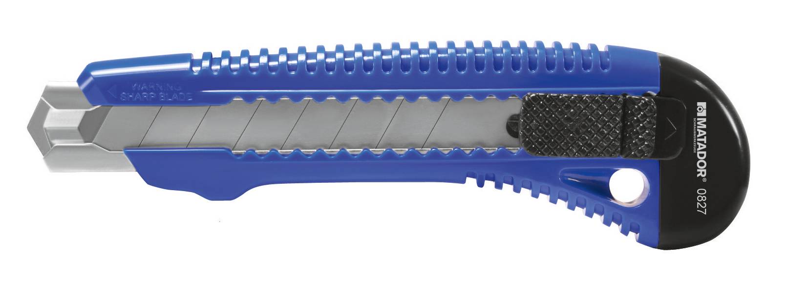 Niebieski nóż do tapet z ząbkowanym ostrzem i czarną rękojeścią.