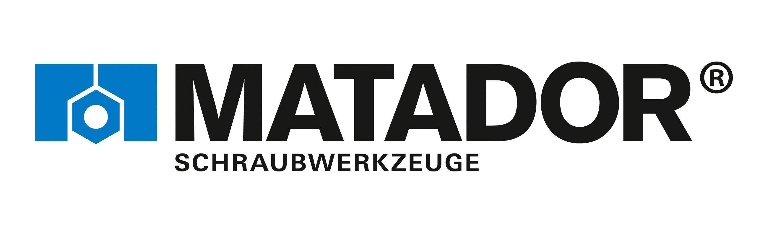 Logo marki Matador z niebieskim symbolem po lewej stronie oraz czarnym tekstem 'MATADOR SCHRAUBWERKZEUGE' obok niego.