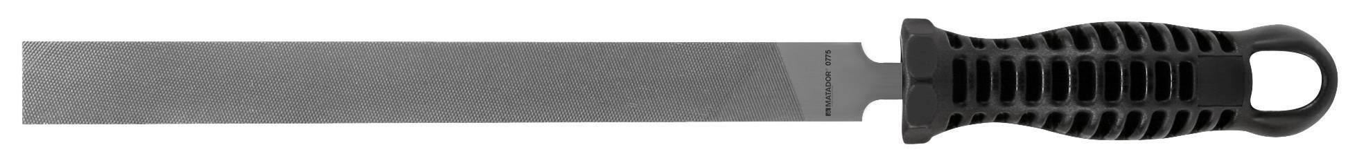 Płaski pilnik metalowy z czarnym, ergonomicznie ukształtowanym uchwytem, odpowiedni do wygładzania lub obróbki materiałów.