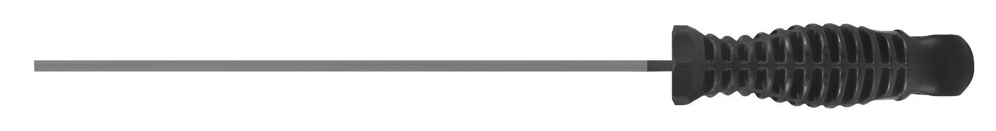 Długi wkrętak ze zmatowioną, czarną rękojeścią na białym tle.