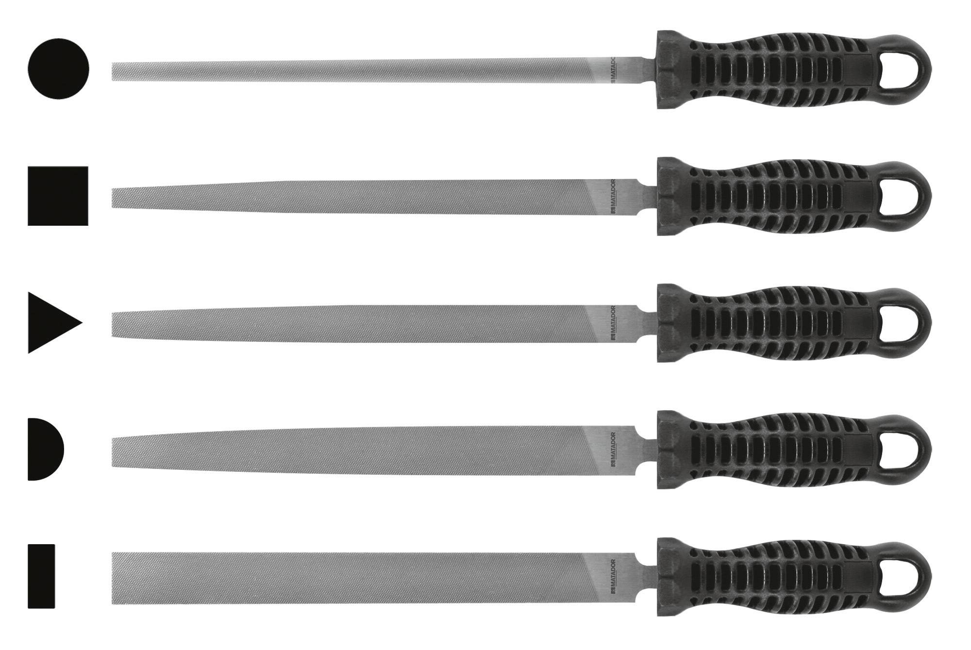 Pięć pilników o różnych przekrojach: okrągły, kwadratowy, trójkątny, półokrągły i prostokątny. Uchwyty są czarne, ryflowane.