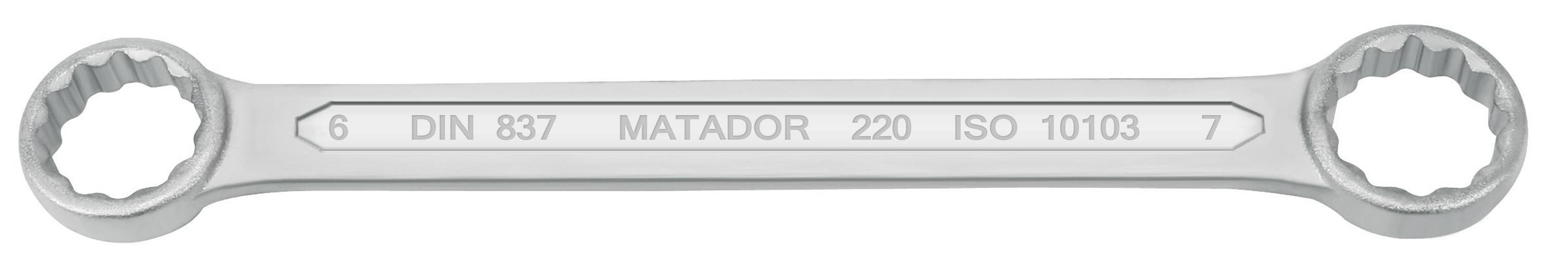 Dwustronny klucz szczękowy z oznaczeniami 'DIN 837', 'MATADOR', '220', 'ISO 10103'.
