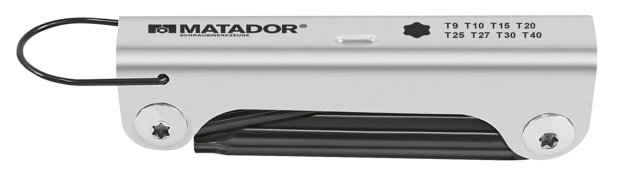 Wielofunkcyjne narzędzie Matador, srebrne z czarnym logo. Zawiera klucze Torx od T9 do T40. Kompaktowe i przenośne.