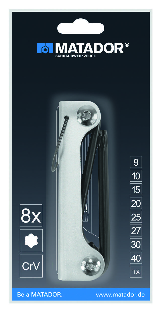 Wielofunkcyjny zestaw narzędzi Matador w opakowaniu. Zawiera 8 narzędzi: rozmiary TX9 do TX40. Marka i strona internetowa widoczne poniżej.