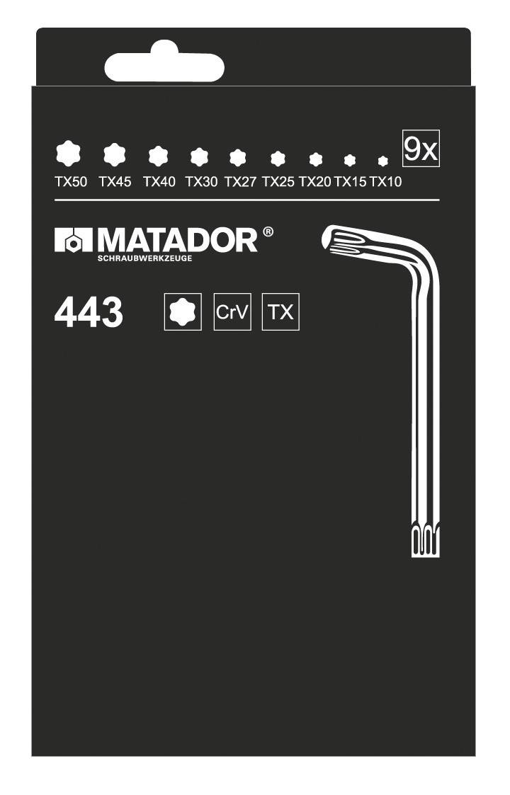 Opakowanie zestawu kluczy imbusowych Matador z kluczami w kształcie litery L. Rozmiary TX10 do TX50. Zawiera stal CrV, szczegóły TX.