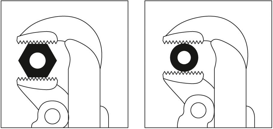 'Lewy: Szczypce zaciskowe trzymają nakrętkę sześciokątną. Prawy: Szczypce zaciskowe trzymają okrągły sworzeń.'