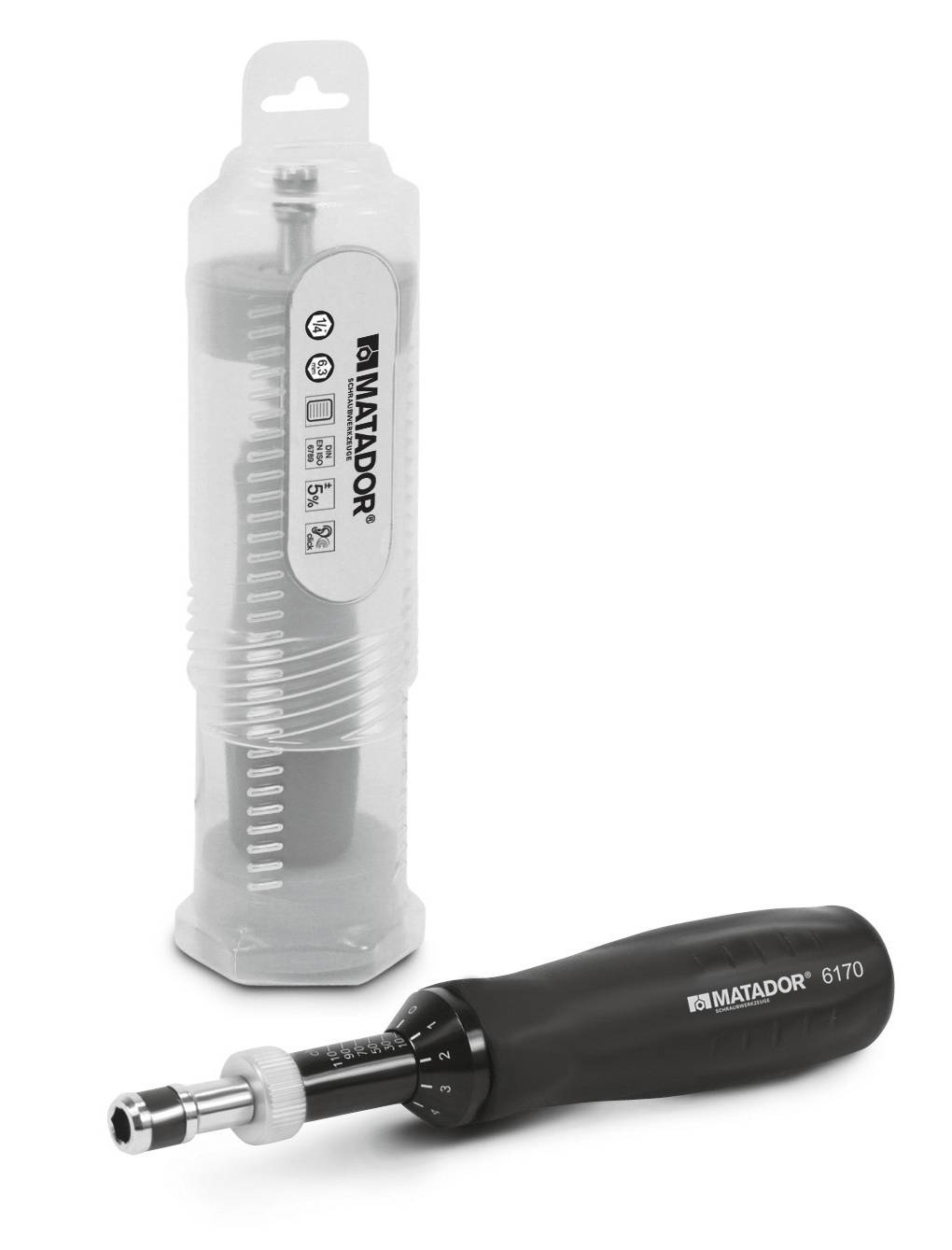 Klucz dynamometryczny Matador, model 6170, obok przezroczystej osłony ochronnej. Narzędzie z czarną rączką i skalą.