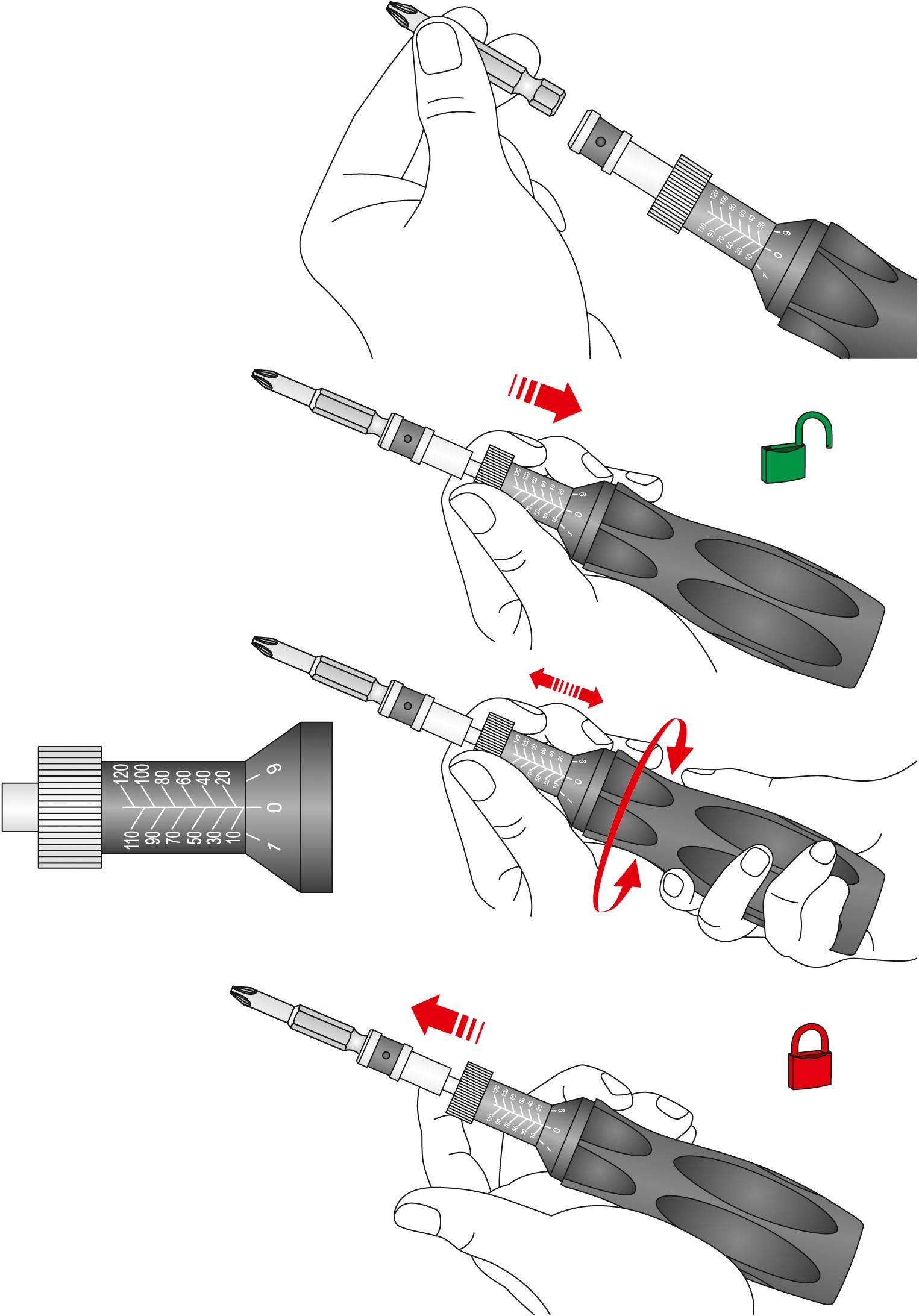 Instrukcja użycia śrubokręta nastawnego. Kroki: Regulacja rozmiaru, zatrzaśnięcie, zablokowanie obrotu.
