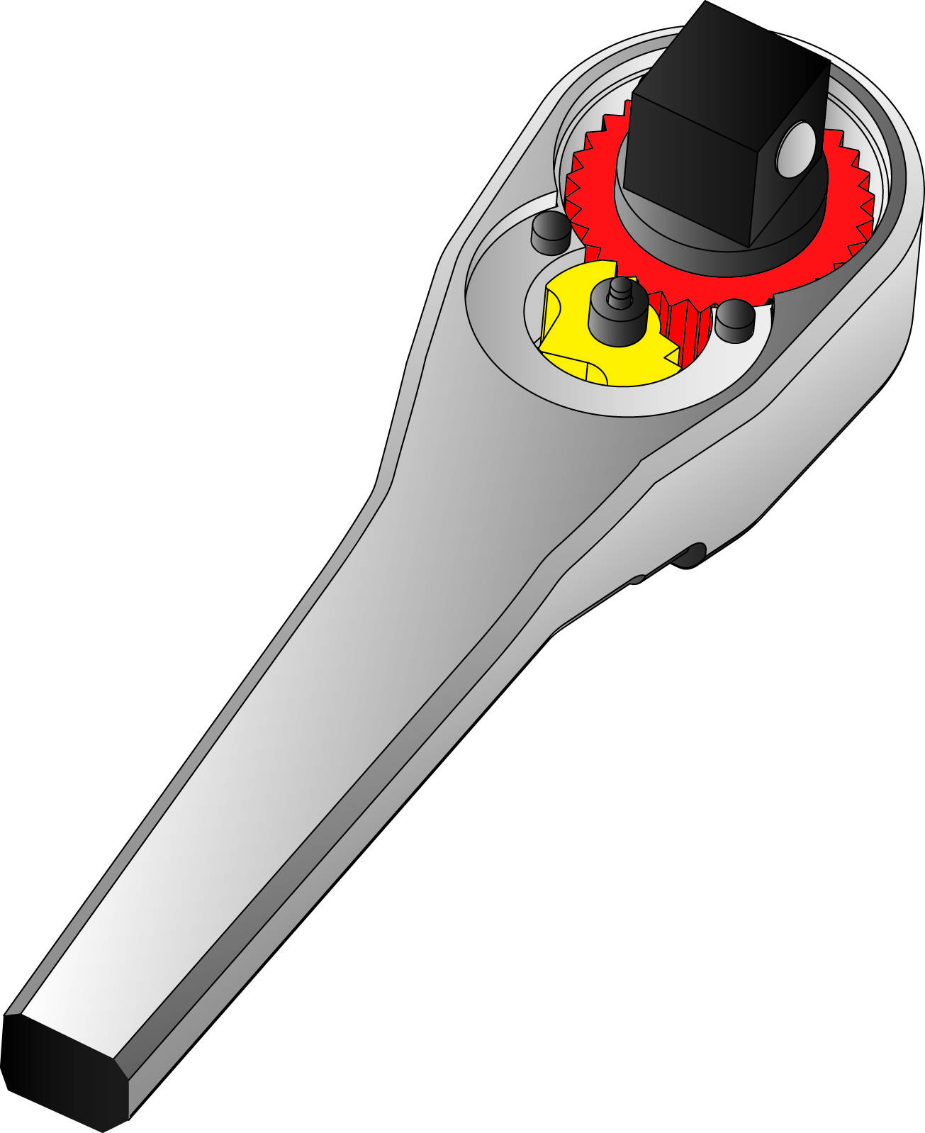 Ilustracja klucza z mechanizmem zapadkowym z widocznym mechanizmem wewnętrznym, w tym kołami zębatymi i dźwigniami.