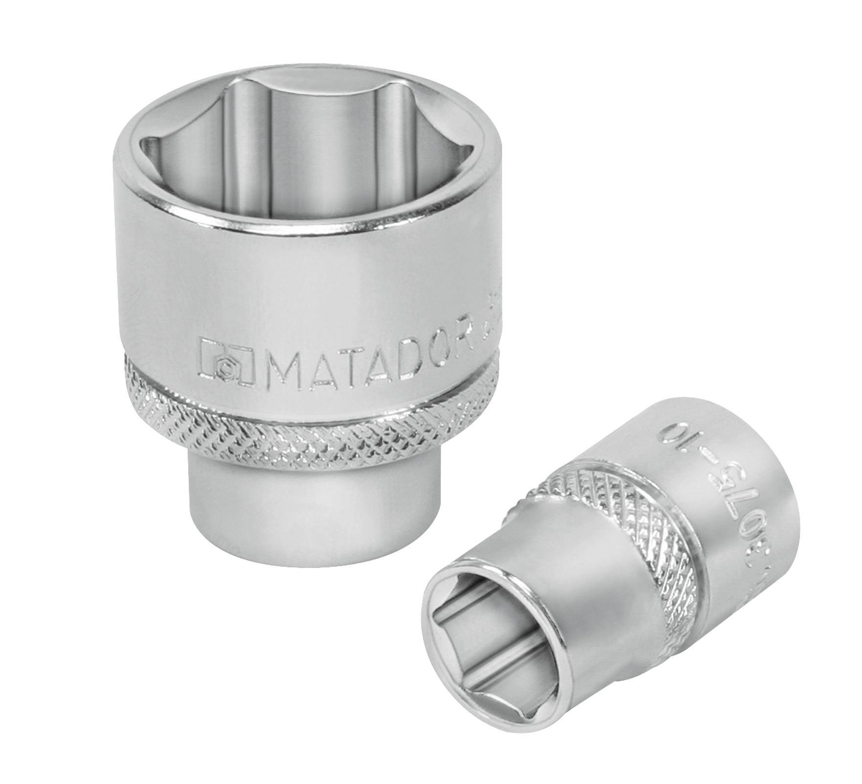 Dwa srebrne metalowe złączki. Oba mają żebrowane uchwyty dla lepszego chwytu i są oznaczone napisem 'MATADOR'.