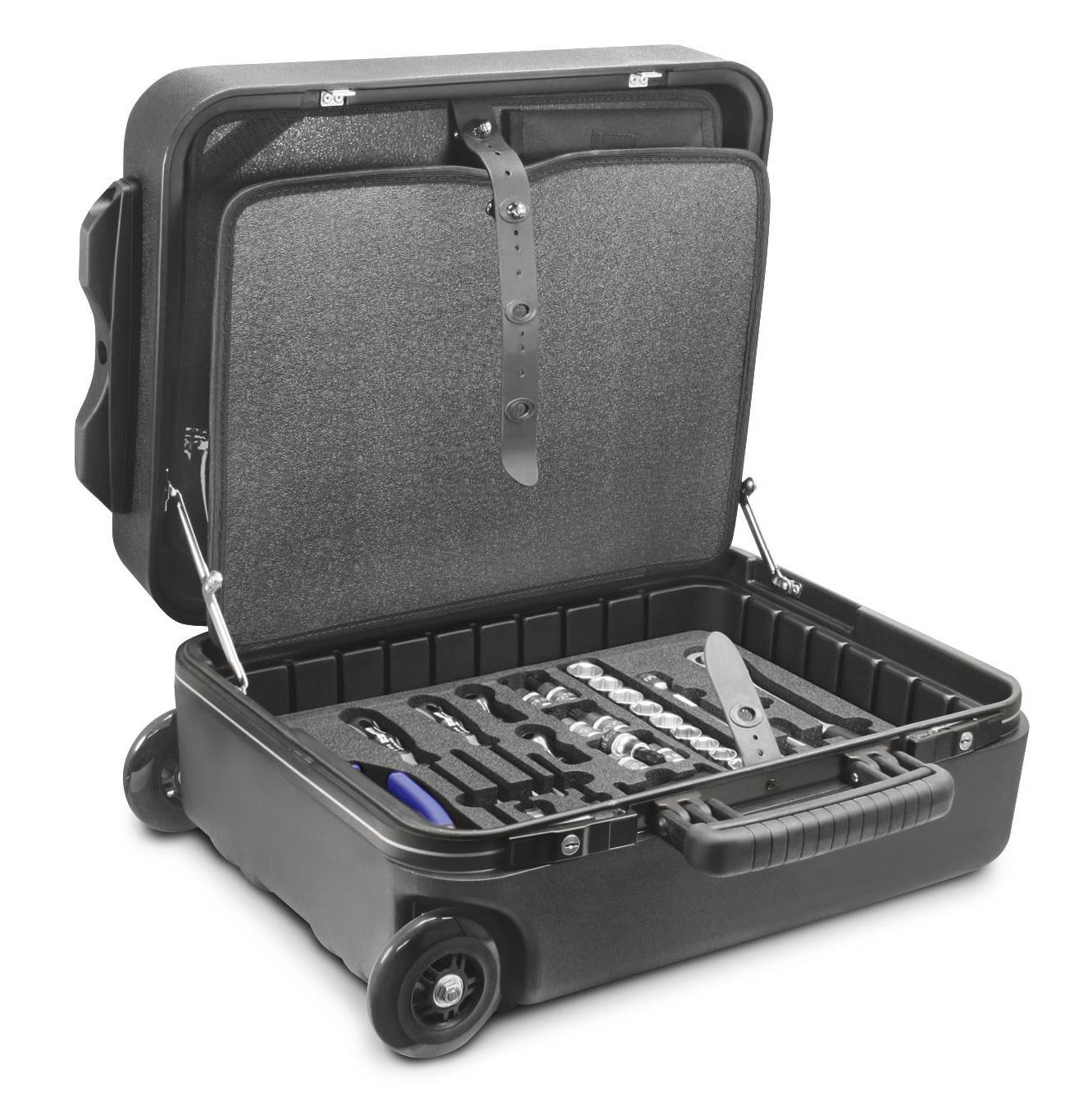 Otwarty, czarny walizka narzędziowa na kółkach, zawierająca różne narzędzia, w tym klucze i szczypce.