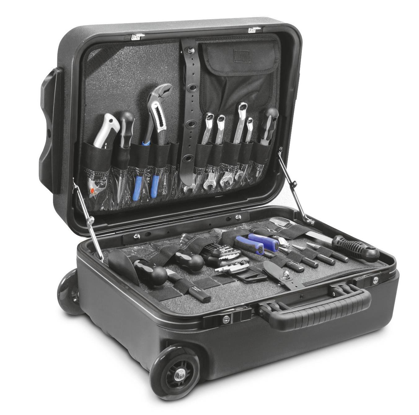 Otwarty kufer z narzędziami z różnymi narzędziami ręcznymi, takimi jak klucze, szczypce i śrubokręty, ułożonymi w schludnym porządku.