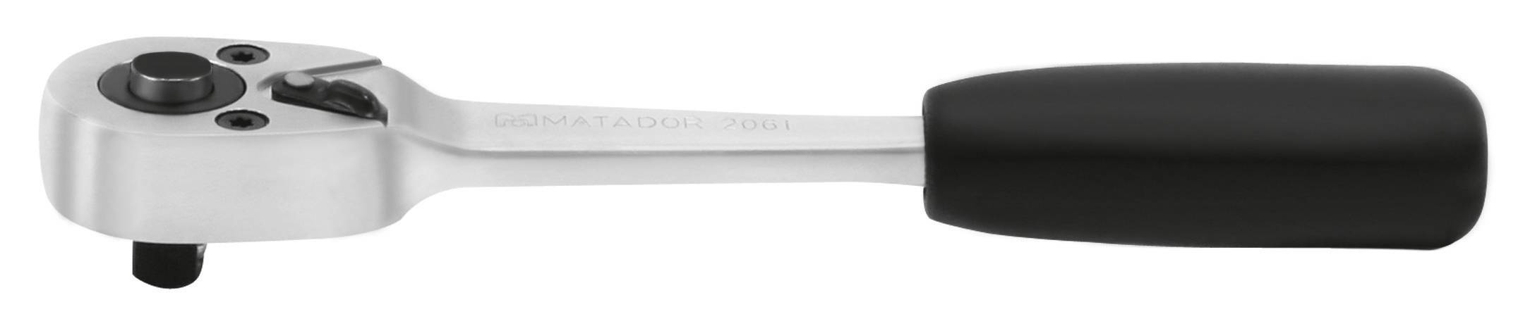 Srebrny klucz z grzechotką z czarną rękojeścią, ułożony w pozycji poziomej.