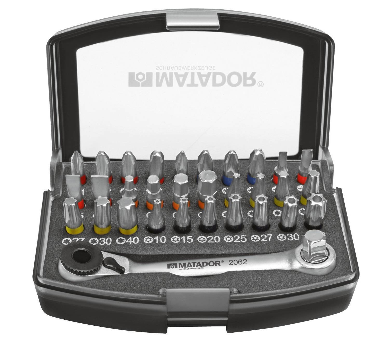 'Zestaw końcówek wkrętakowych z grzechotką w pudełku. Zawiera różne rozmiary bitów i małą grzechotkę do majsterkowania.'