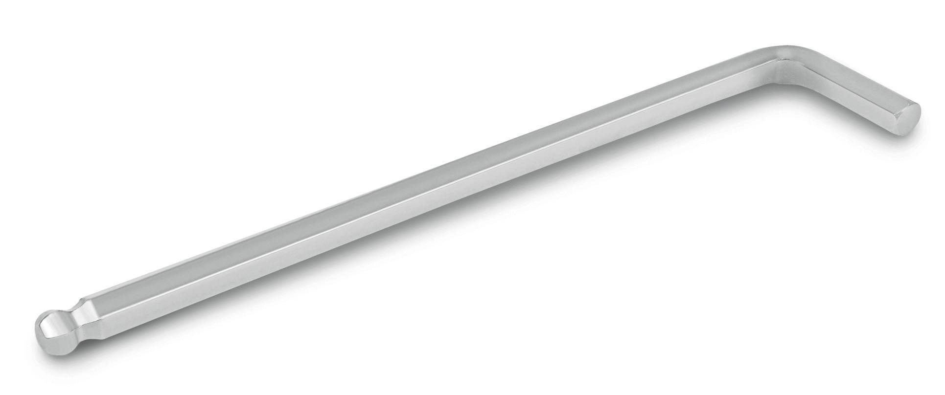 Srebrny klucz imbusowy z końcówką kulistą, używany do dokręcania lub odkręcania śrub z gniazdem sześciokątnym.