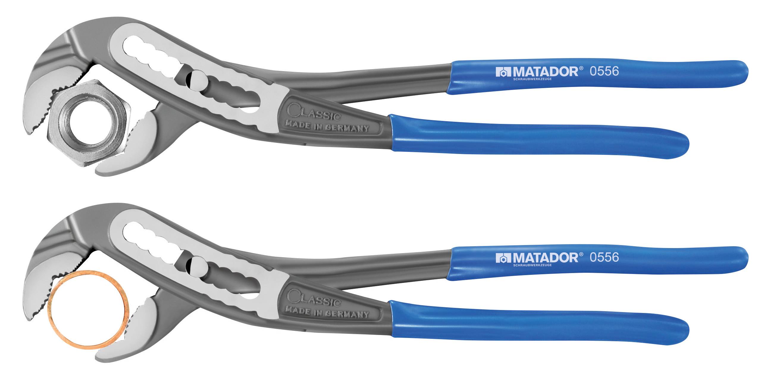 Dwie szczypce hydrauliczne z niebieskimi rękojeściami w różnych pozycjach: na górze chwytają nakrętkę, na dole pierścień.