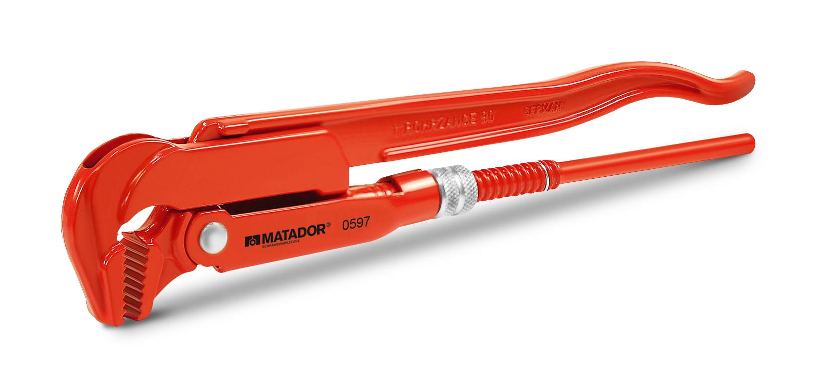 Czerwone szczypce do rur z dwoma uchwytami i regulowanymi szczękami, używane do prac instalacyjnych.