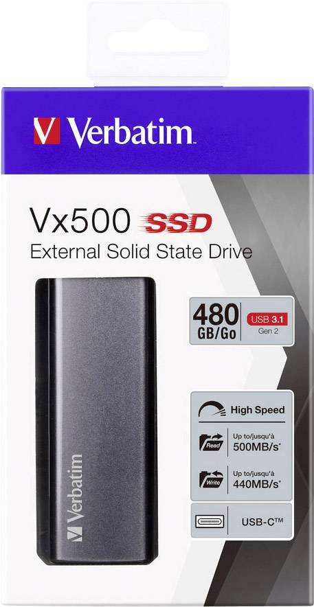 Zewnętrzny dysk SSD 'Verbatim Vx500', 480 GB, USB 3.1 Gen 2, wysoka prędkość: odczyt 500 MB/s, zapis 440 MB/s, USB-C.